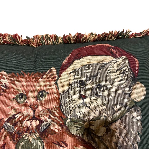 Vintage Christmas Cats Kittens Needlepoint Tapestry Frayed Border Holiday Pillow - Picture 6 of 16